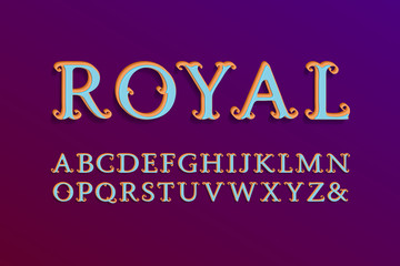Royal decorative alphabet. 3d colored font. Isolated english alphabet.