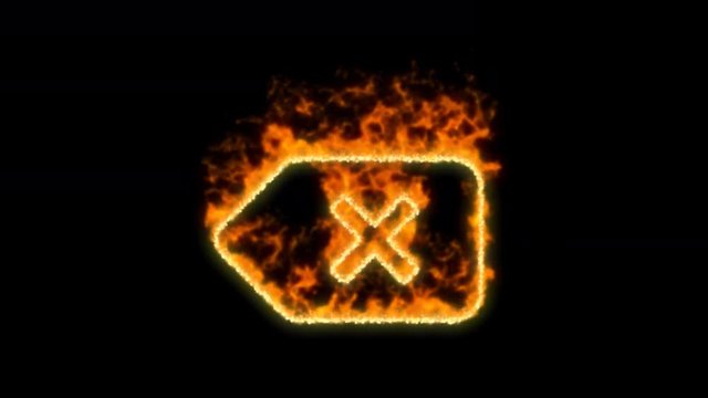 backspace symbol inflames. Then disappears. In - Out loop. Alpha channel Premultiplied - Matted with color black