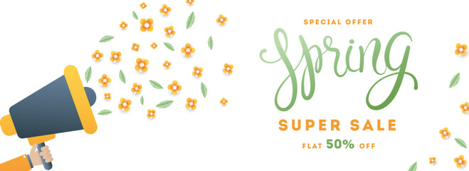 Super spring sale header or banner design with megaphone and paper cut flowers for advertising concept.