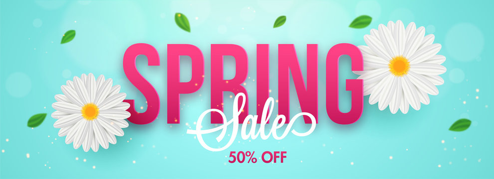Typography of spring with daisy flowers and 50% discount offer. Sale header or banner design for advertising concept.