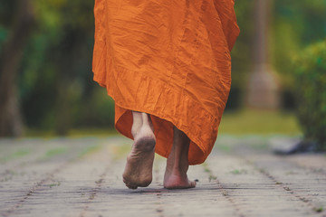 a monk walk meditation around temple in thailand