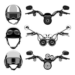 Set of vector images of motorcycle handlebars and motorcycle helmets.