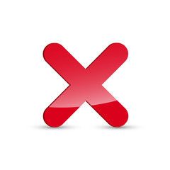Glossy red x mark icon, cross symbol on white background