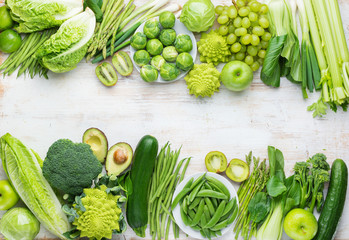 Healthy eating. Green vegetables. Mono colour concept. Top view with copy space