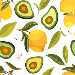 Fruit seamless pattern. Pattern with lemon, avocado, leaves and branches. Use for postcard, print, packaging etc. - 249504139
