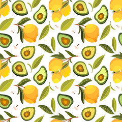 Fruit seamless pattern. Pattern with lemon, avocado, leaves and branches. Use for postcard, print, packaging etc. - 249504156