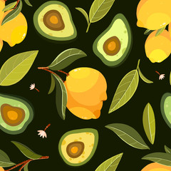 Fruit seamless pattern. Pattern with lemon, avocado, leaves and branches. Use for postcard, print, packaging etc. - 249504164