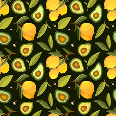Fruit seamless pattern. Pattern with lemon, avocado, leaves and branches. Use for postcard, print, packaging etc. - 249504185