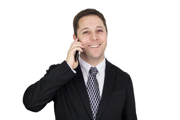 Businessman in Black Suit Talking On The Phone While Smiling and Feeling Happy Against White Background