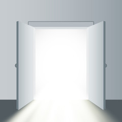 Opened door in a white room with the outgoing light. Vector illustration
