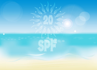transparent symbol in the form of sun SPF 20 on the background of summer sea beach