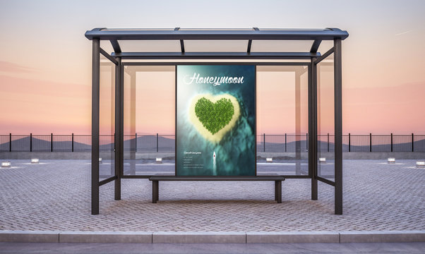 travel honeymoon billboard on bus stop kiosk