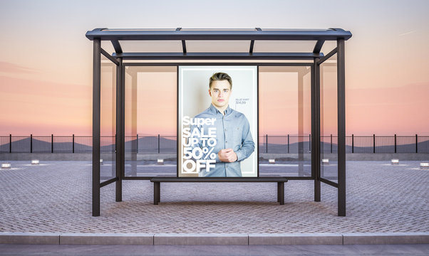 fashion sale billboard on bus stop kiosk