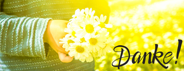 Child, Bouquet Of Daisy Flower, Calligraphy Danke Means Thank You