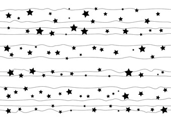 Decorative black and white background with black wavy lines and stars for decoration, poster, banner, greeting card, postcard, advertising, packaging, cover