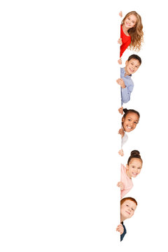 Multiracial children with empty board isolated on white
