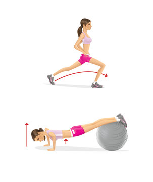 Girl is training. Strengthening the muscles of the arms and chest push-ups on fitball. Lunges feet first
