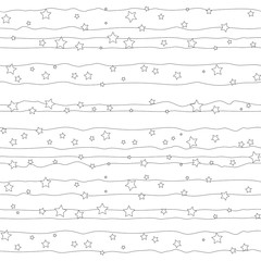 Obraz premium Seamless pattern with black wavy lines and stars on white background for decoration, poster, banner, greeting card, postcard, advertising, packaging, cover, fabric, textile, wrapping paper