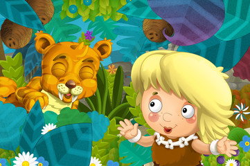 cartoon scene with caveman barbarian warrior woman encountering sabre tooth illustration for children