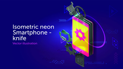 Isometric vector smartphone depicted  as army knife with many task tools   3d smartphone neon light. Functions or options is like an army multyfunctional knife.  Usable for web site design, logo, app