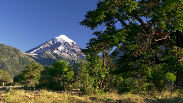 Gimbal shot of Lanin volcano in Lanin national park. Argentina, Patagonia, Lake district. UHD 4K