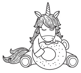 Vector cute unicorn cartoon eating donut, black silhouette for coloring. © rvika
