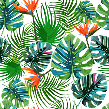Tropical dark green leaves of palm trees and flowers bird of paradise strelitzia . Summer exotic seamless pattern.