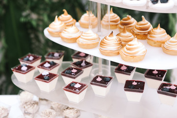 Candy bar, contains fruits, cup cakes, chocolate and another sweet desserts on the wedding. Banquet service. Catering buffet style .