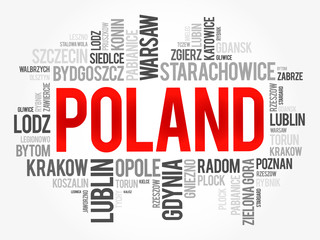 List of cities and towns in Poland, word cloud collage, business and travel concept background