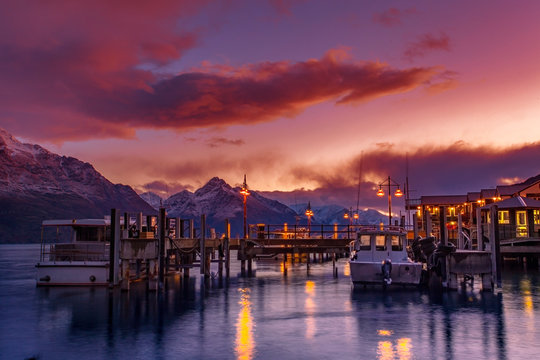beautiful sunset sky at queenstown port one of most popular traveling destination in  southland new zeland