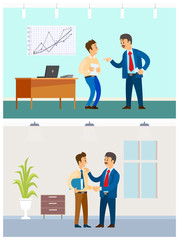 Boss and employee relationship, bad or good job. Executive and irresponsible workers, office interior, statistical graphics vector illustrations.