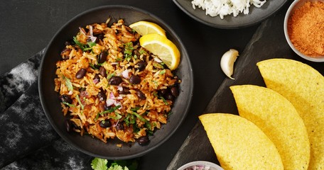 Rice and beans Taco shells on side / Mexican meal overhead view