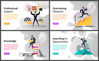 Fototapeta premium Business career building and growth online web pages vector. Professional support and overcoming obstacles, knowledge and searching for opportunities. Website template landing page in flat