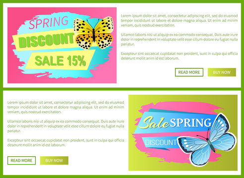 Springtime discount big spring sale labels on posters with butterflies, colorful vector voucher advertisement sticker with tag, add your text leaflets