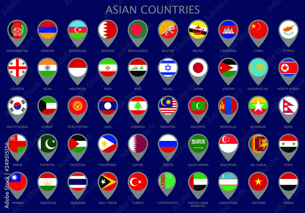 Wall mural map pointers with all national flags of the asian countries in alphabetical order. official colors f - Wall murals