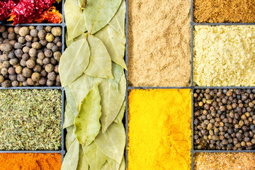 Spices in box. top view.