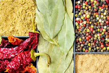 Spices in box. top view.
