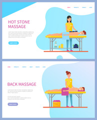 Hot stone and back massages vector, online appointment order. Relaxing beauty procedure, oil and lotion, men under towel on table and masseuse web page