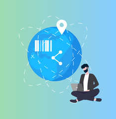 Earth planet with location and bar code user with laptop vector. Human working on computer screen freelancer with digital gadgets, online technologies