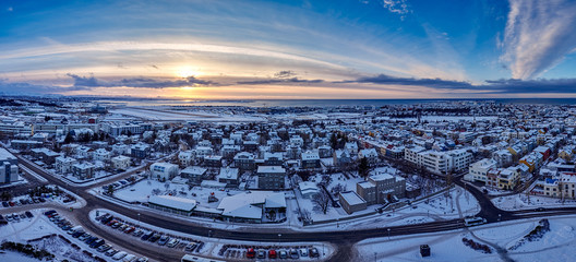 Panoramic view of Reykjavik from the top of the bell tower of the Hallgrimskirkja church