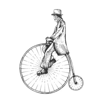 Man on retro vintage old bicycle sketch engraving vector illustration. Scratch board style imitation. Hand drawn image.