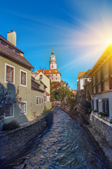 Fototapeta na wymiar Beautiful sunset over historic centre of Chesky Krumlov old town in the South Bohemian Region of the Czech Republic on Vltava River. UNESCO World Heritage Site