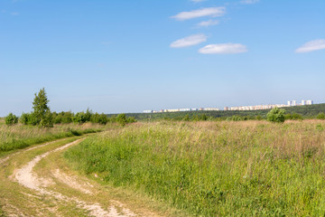 Fototapeta na wymiar Country road in the field, landscape. Away new city district Domodedovo, Russia