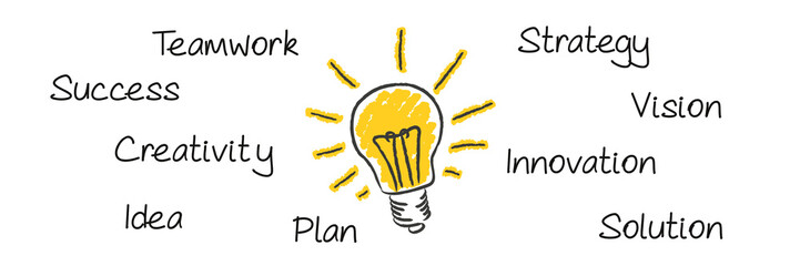 Light Bulb hand drawn on whiteboard with motivational words - teamwork success creativity plan idea strategy vision innovation solution - obrazy, fototapety, plakaty