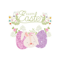 happy easter label with eggs and flowers icon