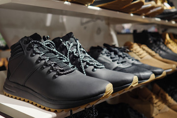 Row of contemporary stylish sneakers of brown and black colors arranged on shelf in clothes store