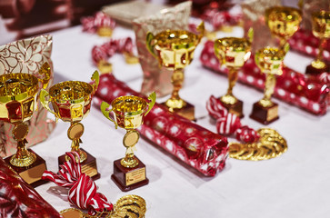 Reward gifts and cups are prepared for ceremony on sport competition tournament and medals