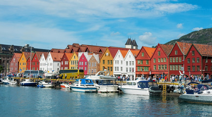 Colorful houses and pier in the historic Bergen. Norway