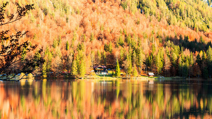 Colorful autumn foliage at the alpine lake