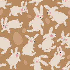 Fototapeta premium Seamless vector pattern with eggs and rabbits on brown background. Hares jump all around and collect Easter eggs. Kawaii pattern for little kids, gifts, interior and easter goods. Hello Easter day